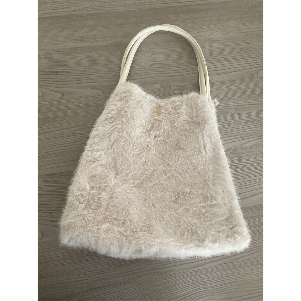 Victoria's Secret Ivory Faux Fur Tote Bag Logo Double Handles Women - Picture 4 of 6